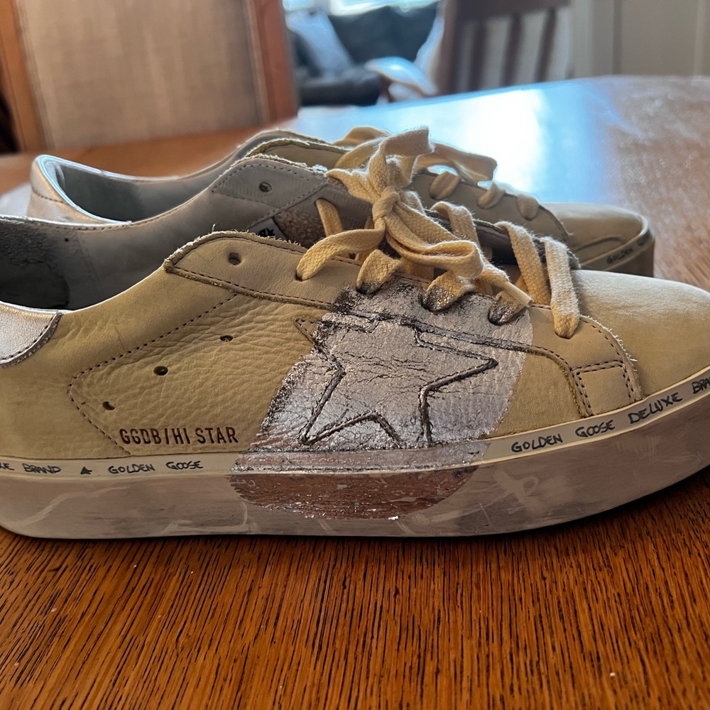 Golden Goose Tan & Silver Hi-Star Platform Sneakers
